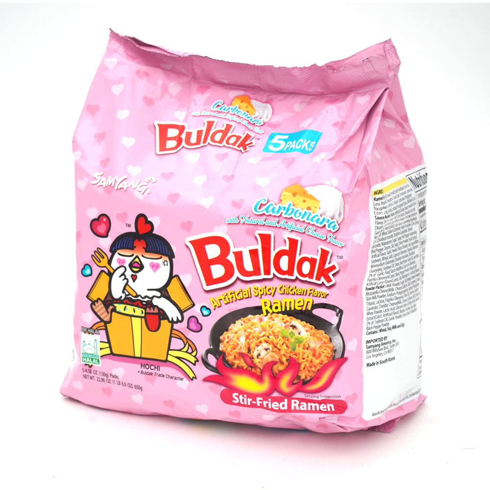 Samyang Carbonara Buldak ramen pack 1: bold flavor and chewy noodles for quick meals.