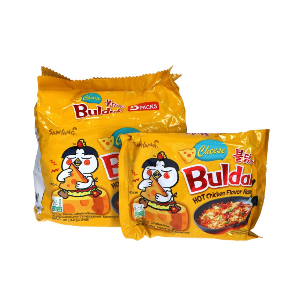 Samyang Cheese Flavor Buldak ramen pack shot highlighting bold spice and cheese flavor.