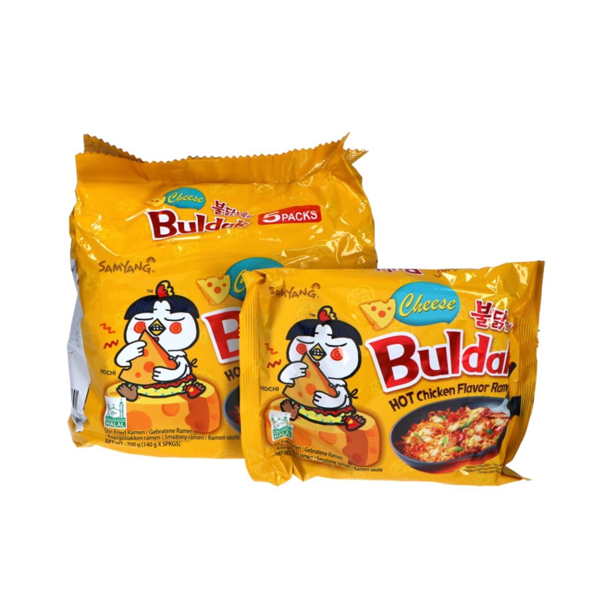 Samyang Cheese Flavor Buldak ramen pack shot highlighting bold spice and cheese flavor.