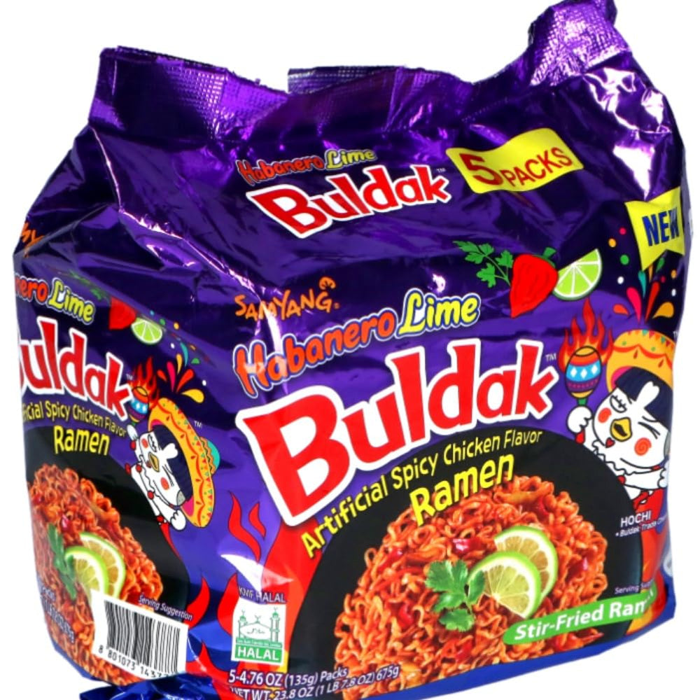 Samyang Habanero Lime Buldak Pack 5 hero image highlights bold heat for quick meals.