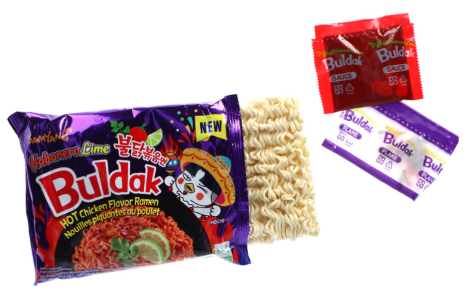 Samyang Habanero Lime Buldak Pack 5 sauce packet display suggests customizable spice with add-ins.