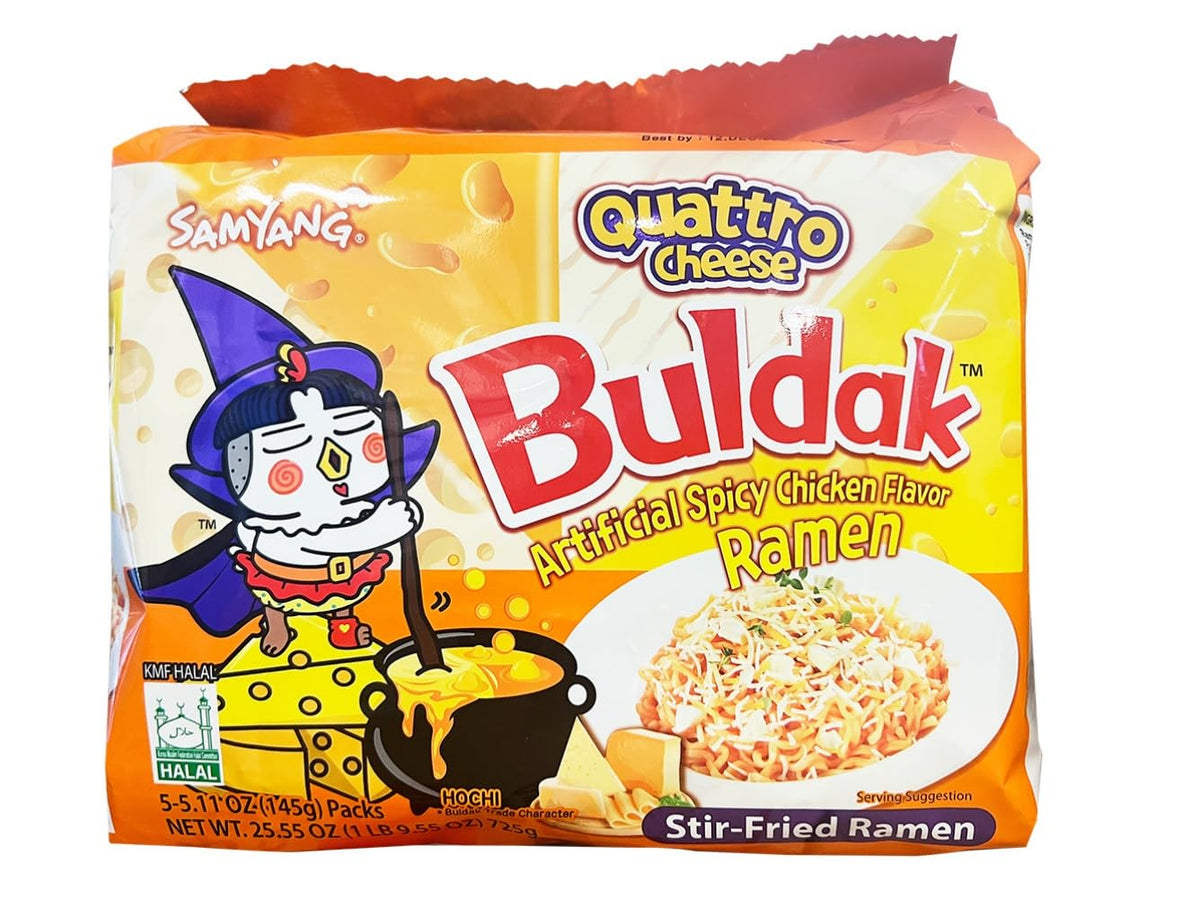 Samyang Quattro Cheese Buldak pack of five on box front, bold flavor for gatherings.
