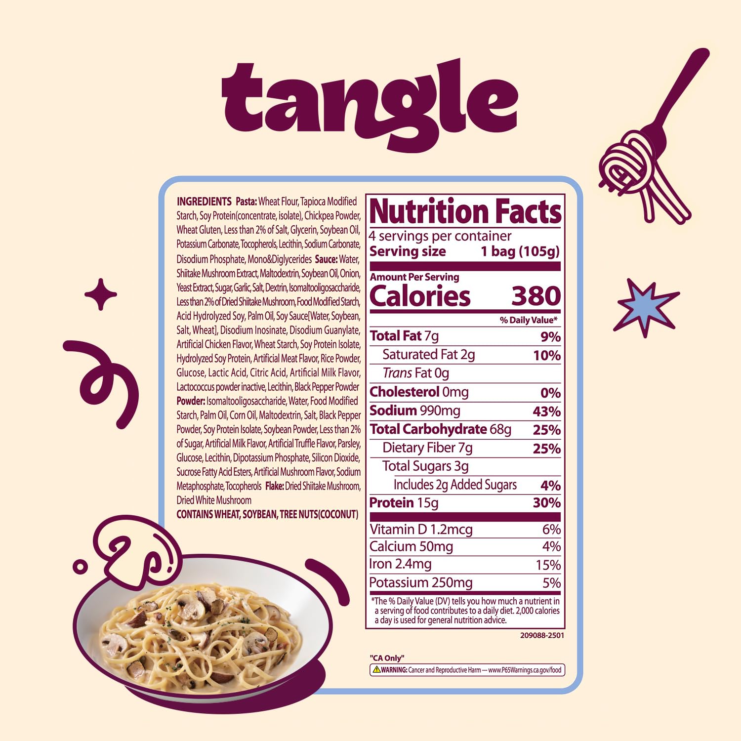 Samyang Tangle linguine closeup with mushroom sauce highlights luxurious velvety texture.