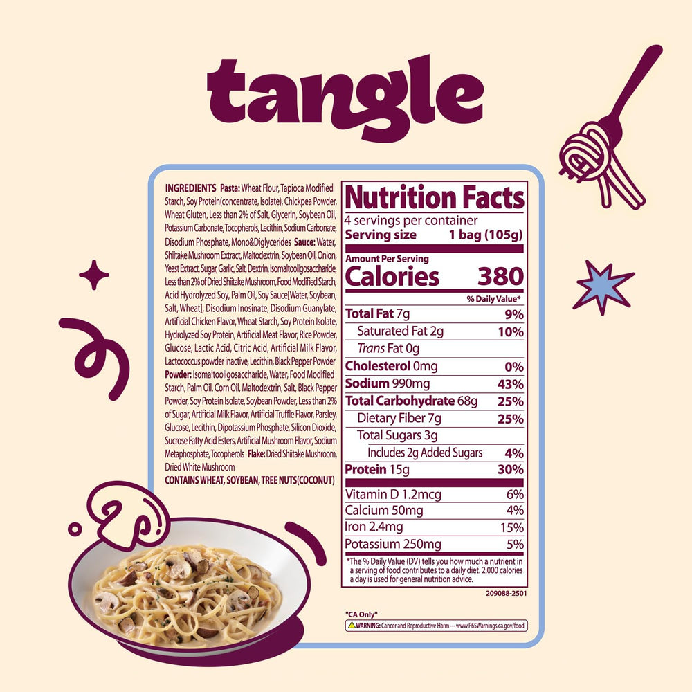 Samyang Tangle linguine closeup with mushroom sauce highlights luxurious velvety texture.