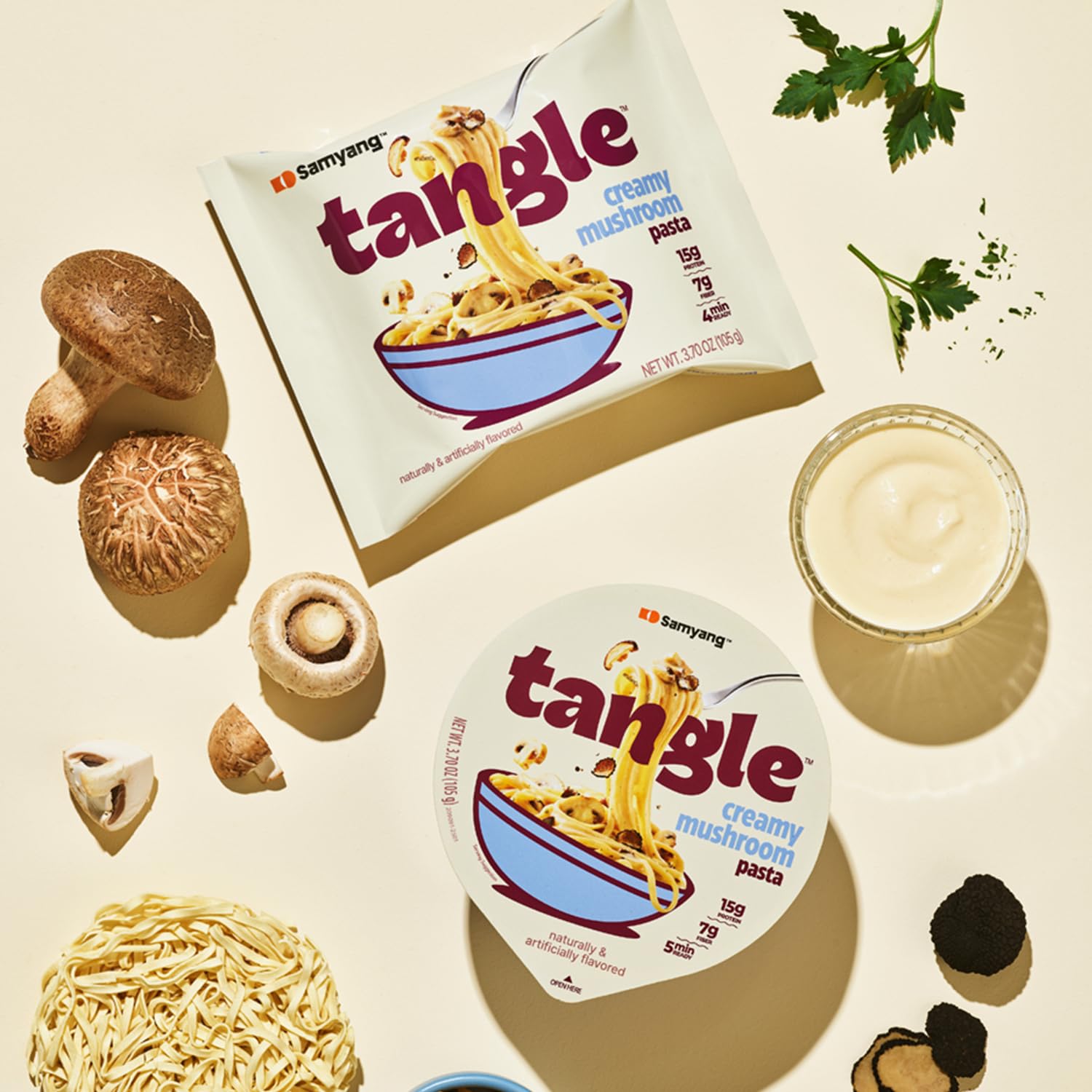 Samyang Tangle microwave-ready prep, quick 5-minute creamy pasta solution.