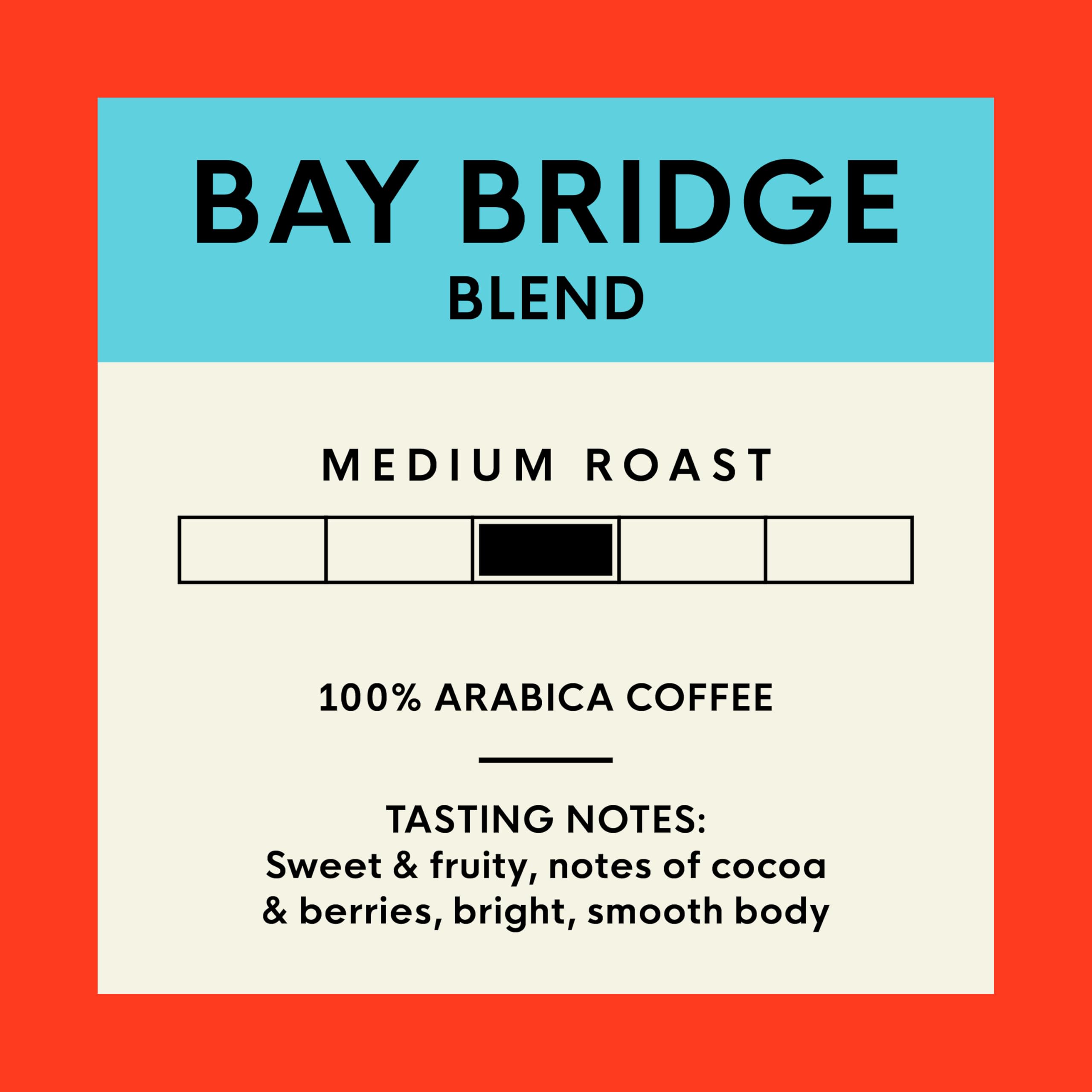 San Francisco Bay Bay Bridge Blend ground coffee pack demonstrates brewing versatility.