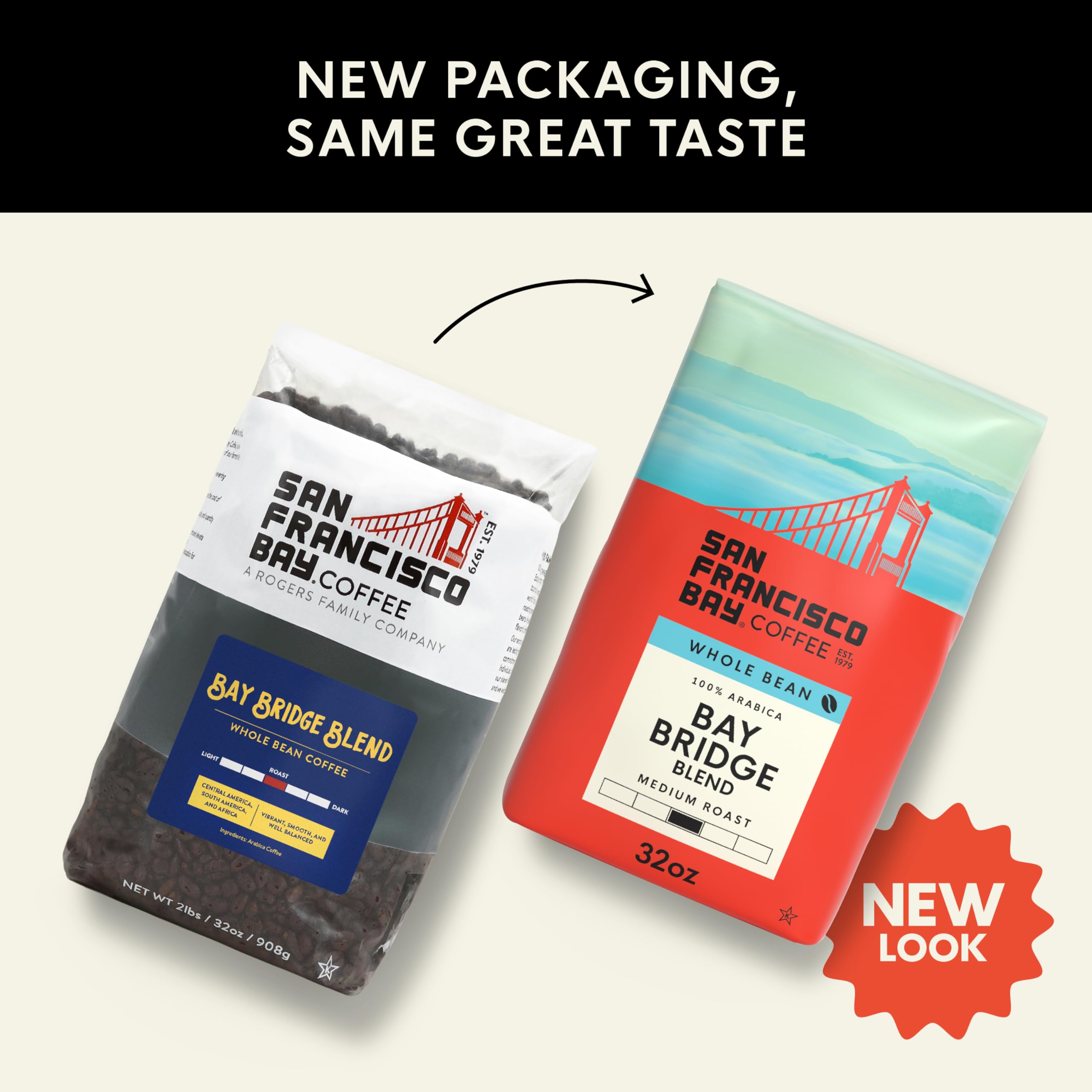 San Francisco Bay Bay Bridge Blend whole bean closeup highlights cocoa and berry notes.
