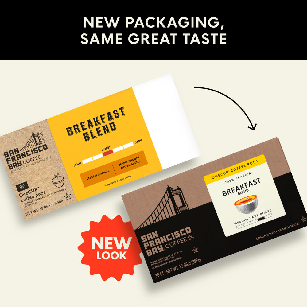 Brewing Breakfast Blend in a machine with San Francisco Bay branding.