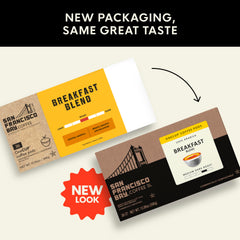 Brewing Breakfast Blend in a machine with San Francisco Bay branding.