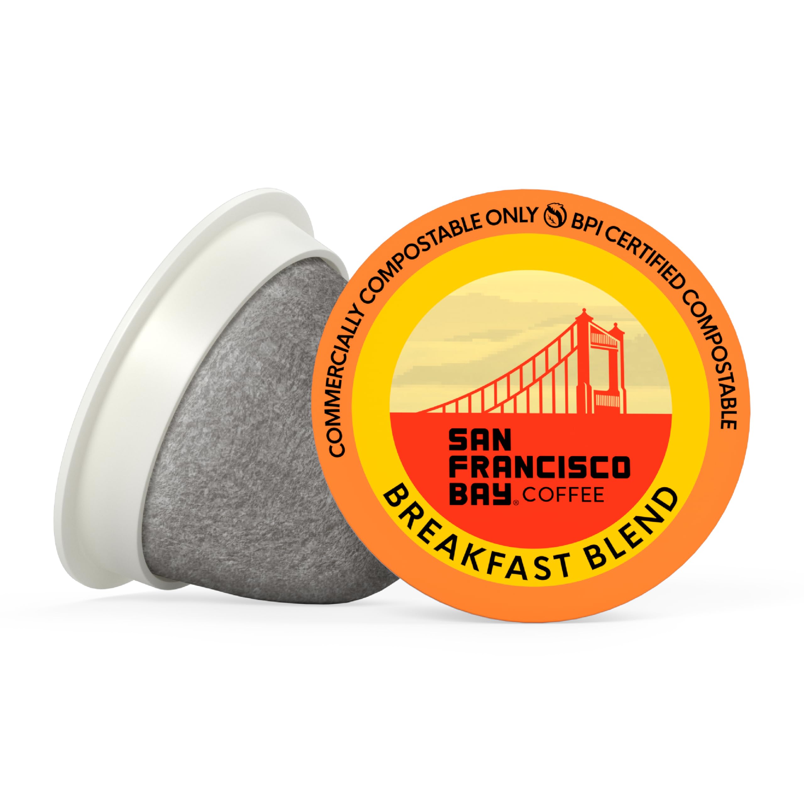 San Francisco Bay Breakfast Blend compostable pod packaging highlights sustainability.