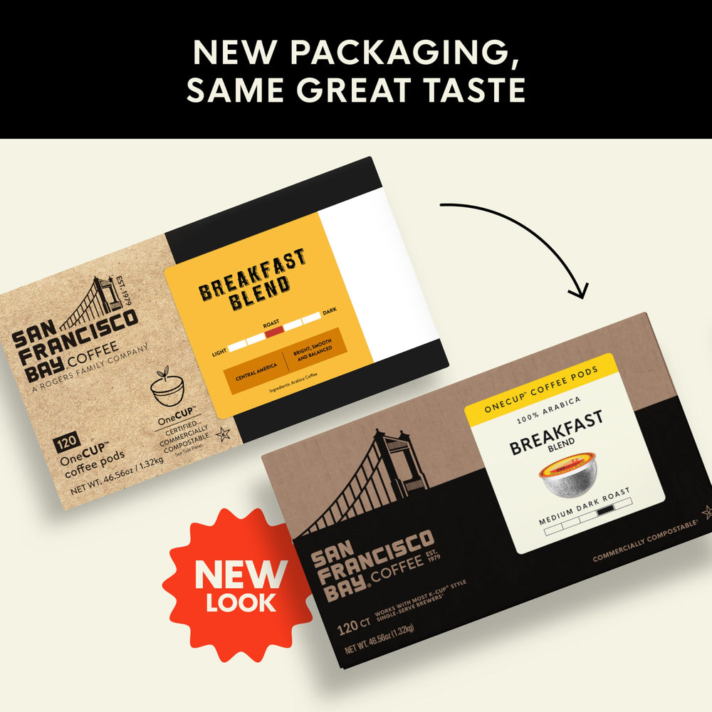San Francisco Bay Breakfast Blend steaming cup reveals aroma and a smooth medium roast.