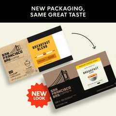 San Francisco Bay Breakfast Blend steaming cup reveals aroma and a smooth medium roast.