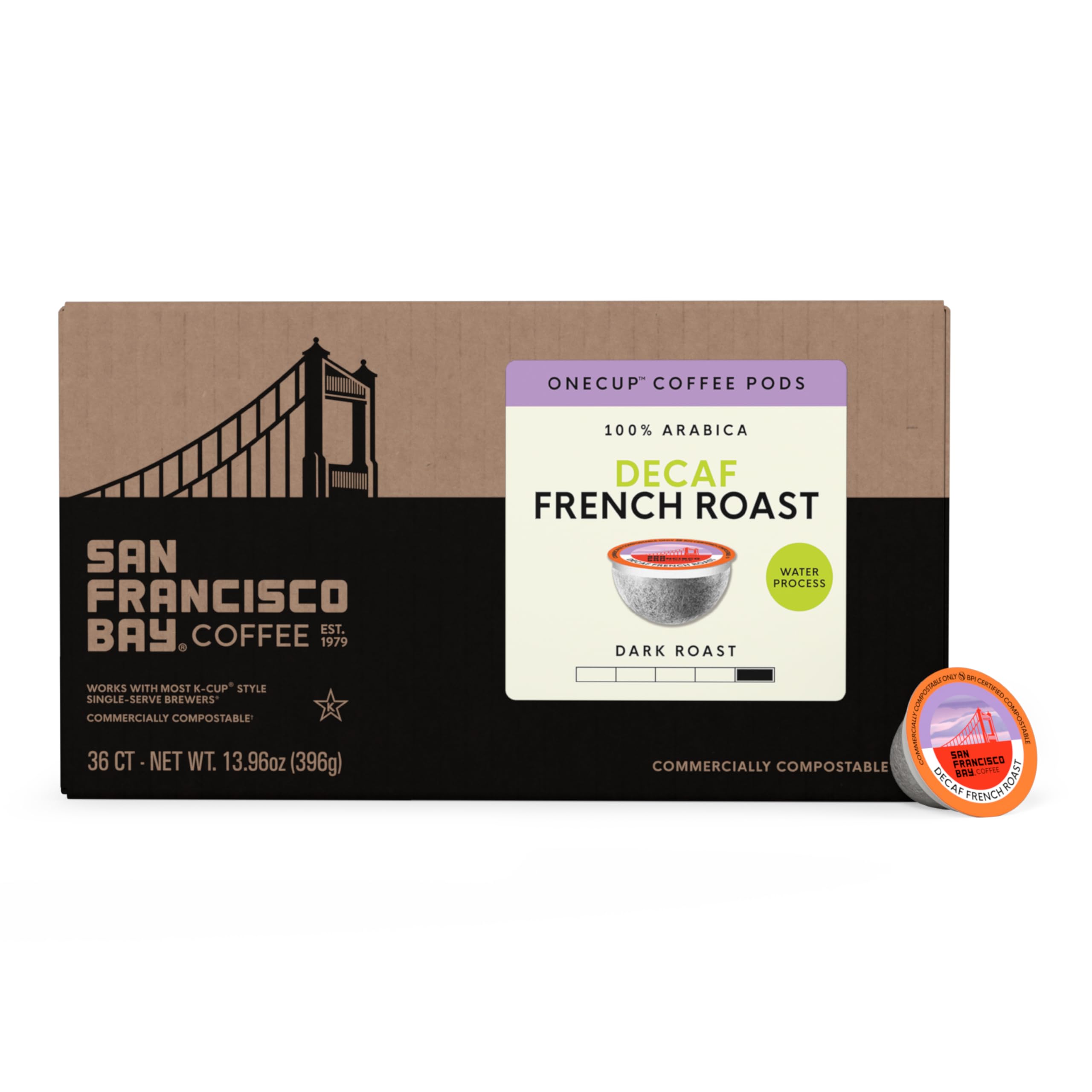 San Francisco Bay compostable pod packaging highlights eco-friendly disposal.