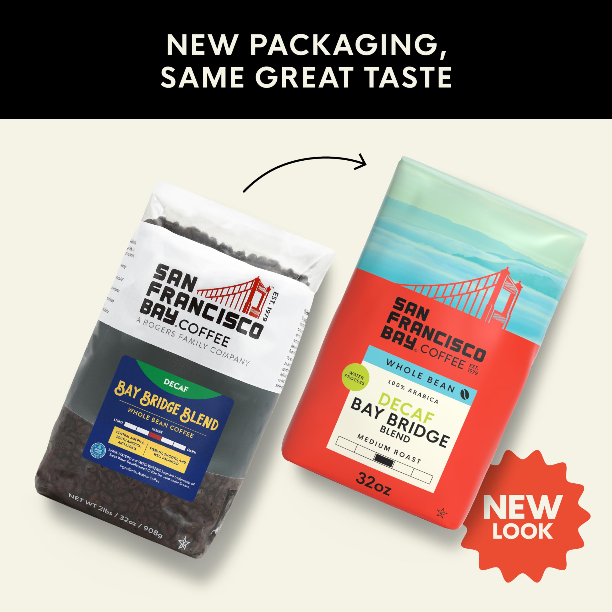 SAN FRANCISCO BAY decaf beans close-up highlighting premium arabica quality and aroma.