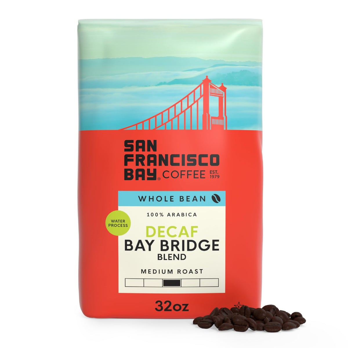 SAN FRANCISCO BAY decaf Bay Bridge Blend 32 oz bag for smooth, caffeine-free mornings.