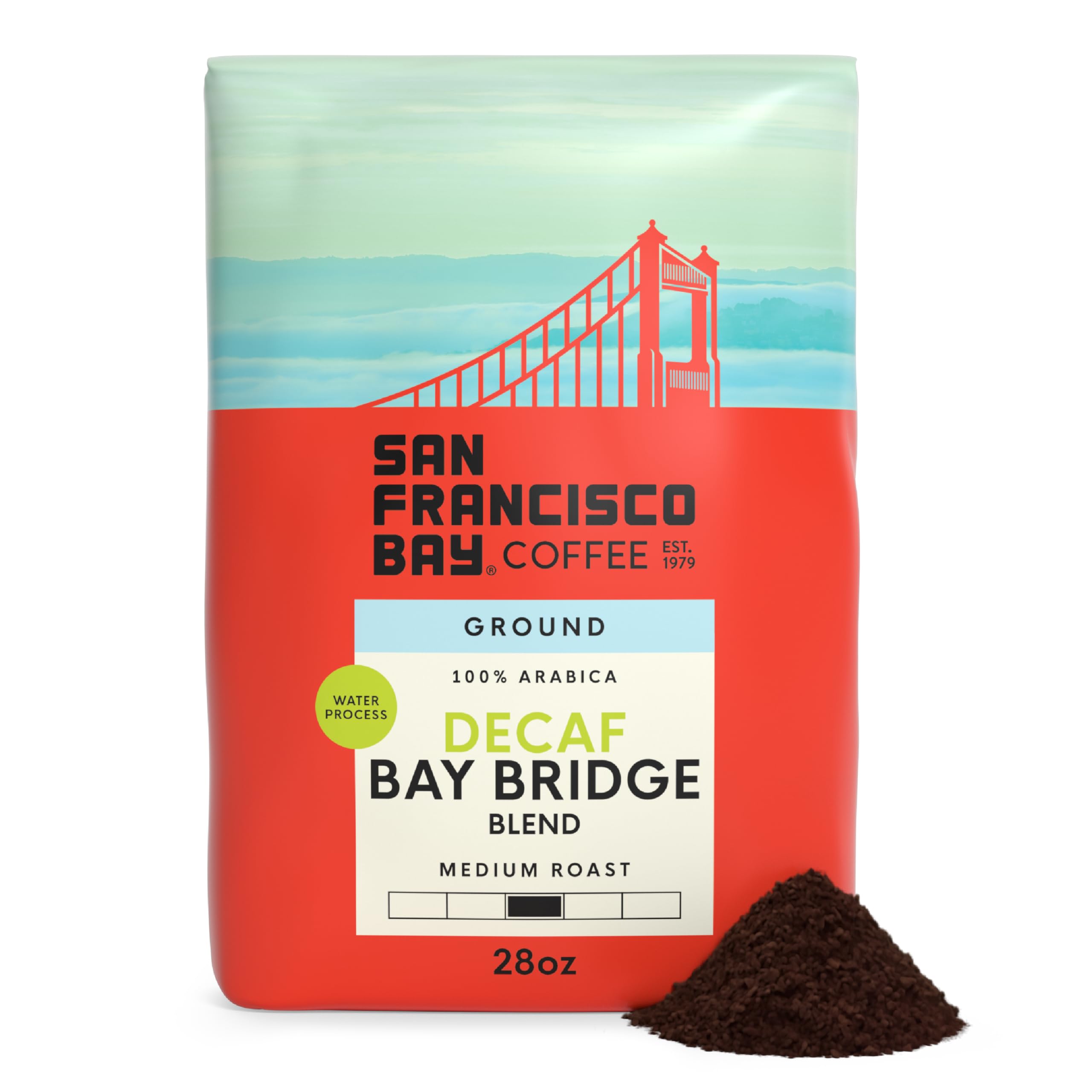 San Francisco Bay Decaf Bay Bridge Blend bag front, ideal for everyday decaf.
