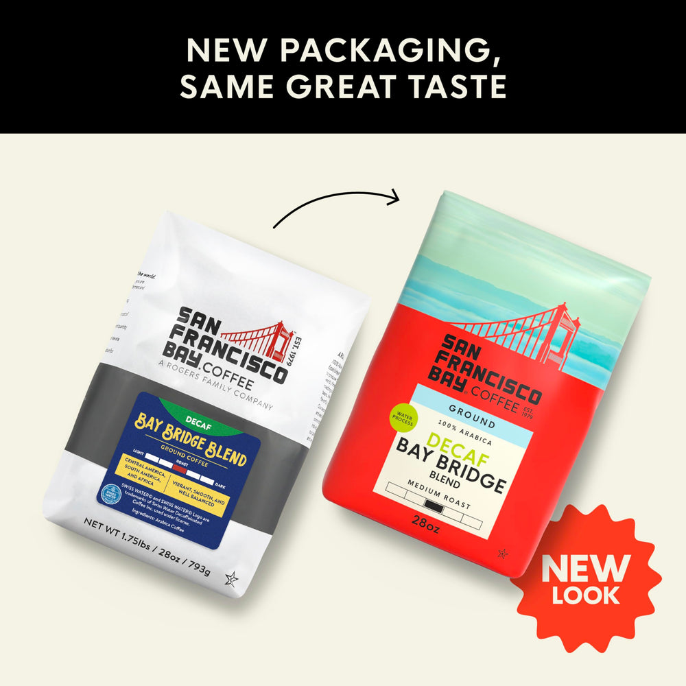 Steaming cup of Bay Bridge Blend decaf, offering a smooth, caffeine-free tasting experience.