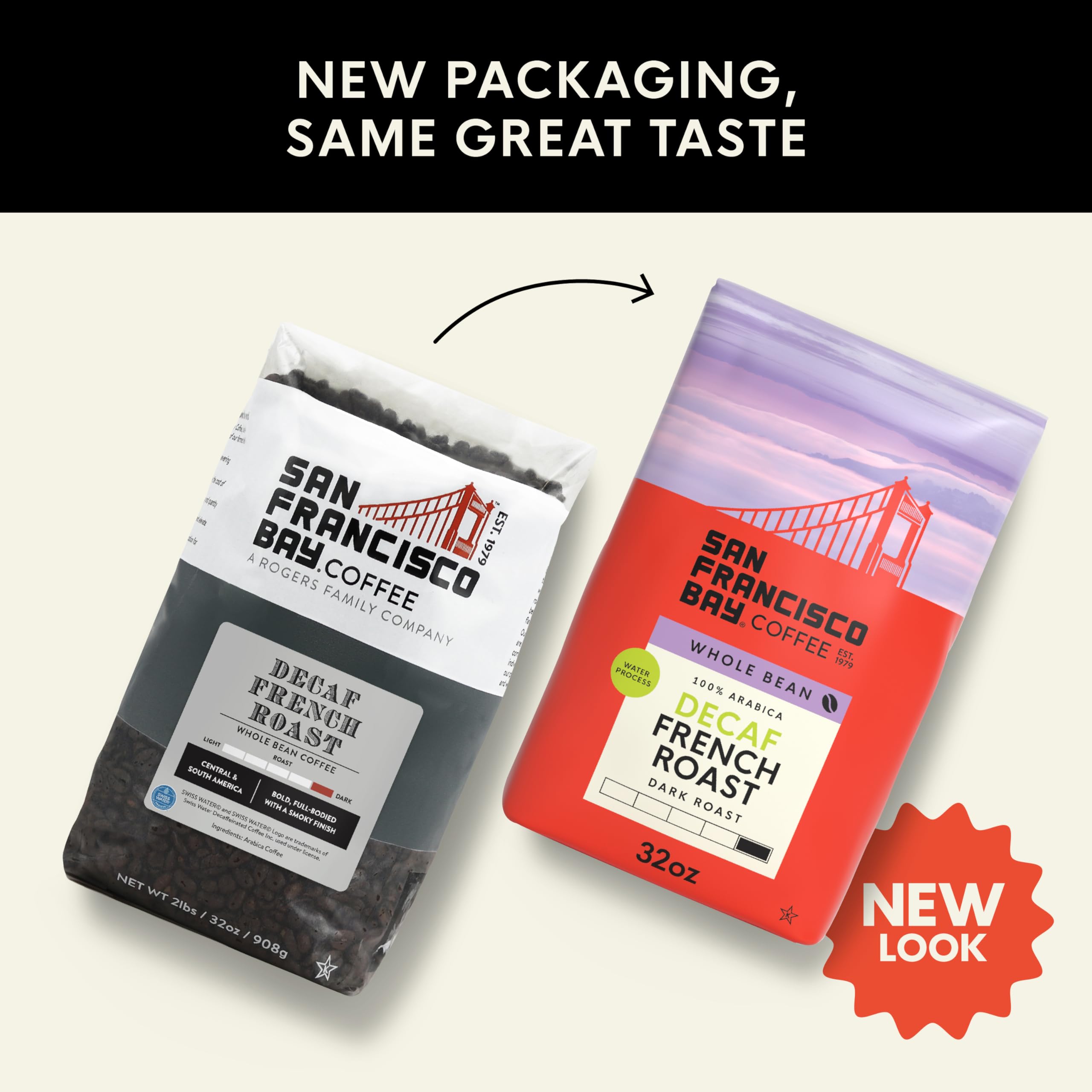 San Francisco Bay Decaf French Roast coffee beans ready to grind