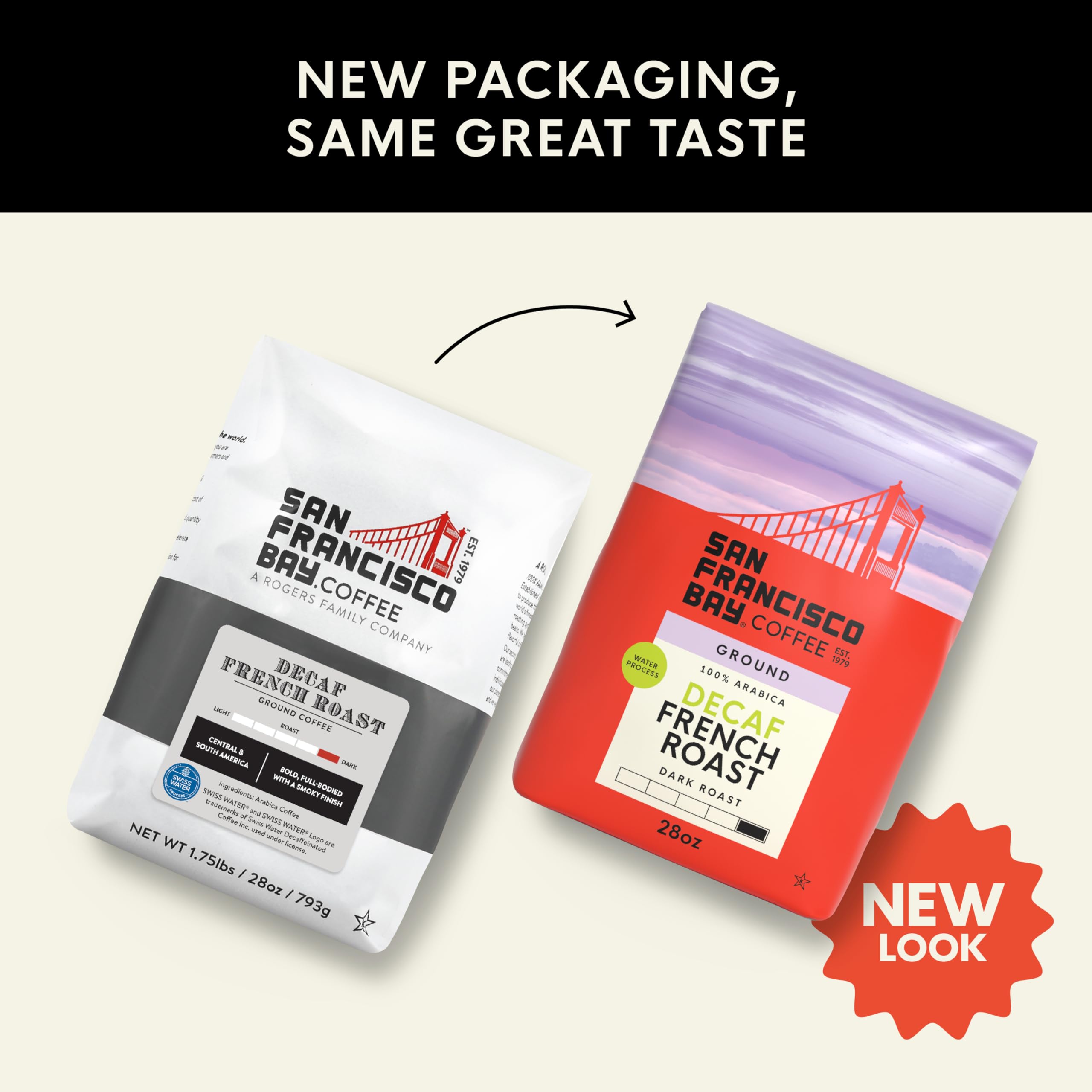 San Francisco Bay decaf French Roast cup showcases bold, smoky notes.