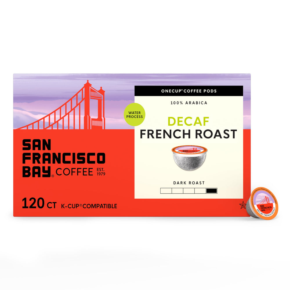 SAN FRANCISCO BAY decaf French Roast K-Cup pods on a shelf, bold flavor without caffeine.