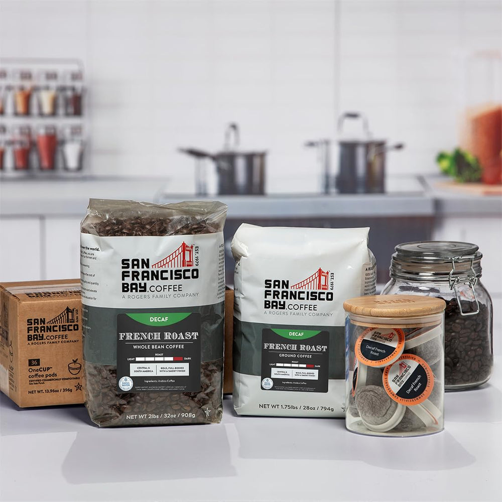 San Francisco Bay Decaf French Roast sustainability logo on packaging