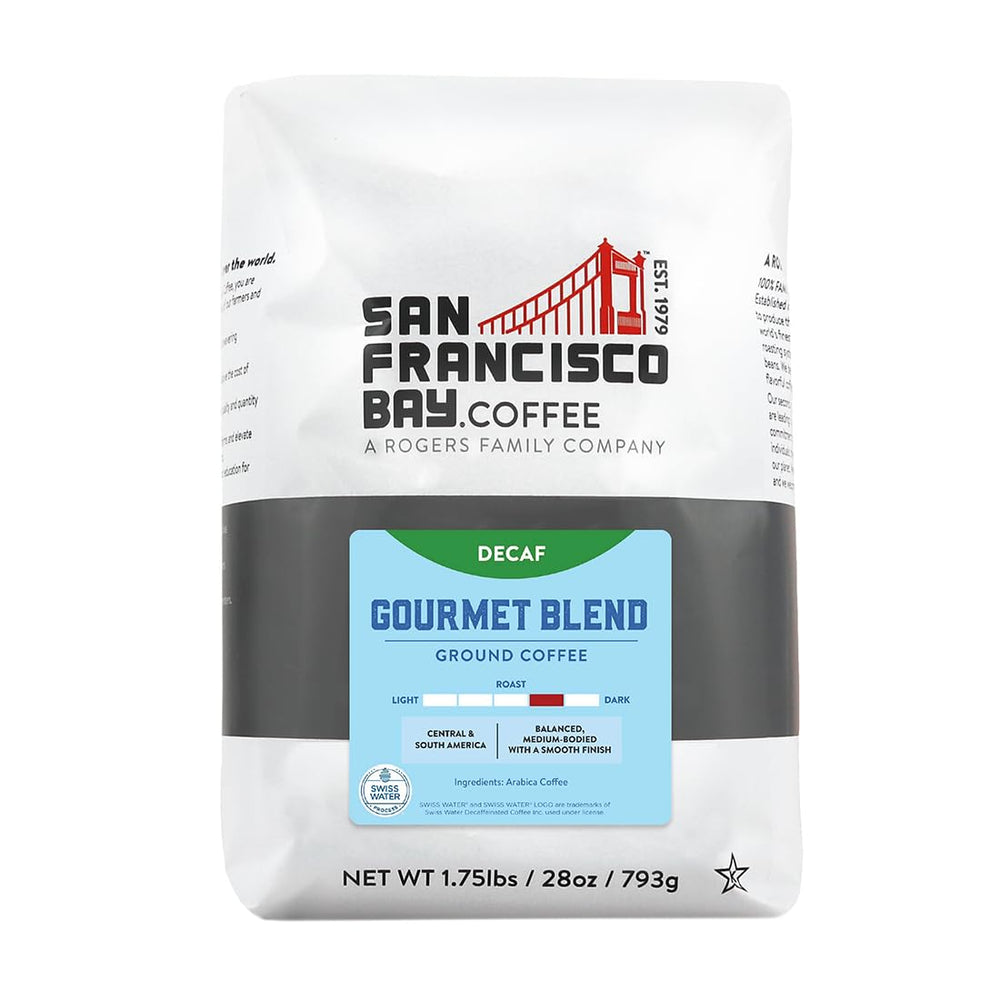 San Francisco Bay Decaf Gourmet Blend bag shows 28 oz packaging for home brew convenience
