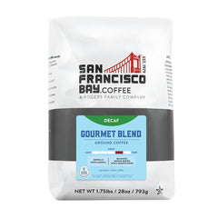San Francisco Bay Decaf Gourmet Blend bag shows 28 oz packaging for home brew convenience