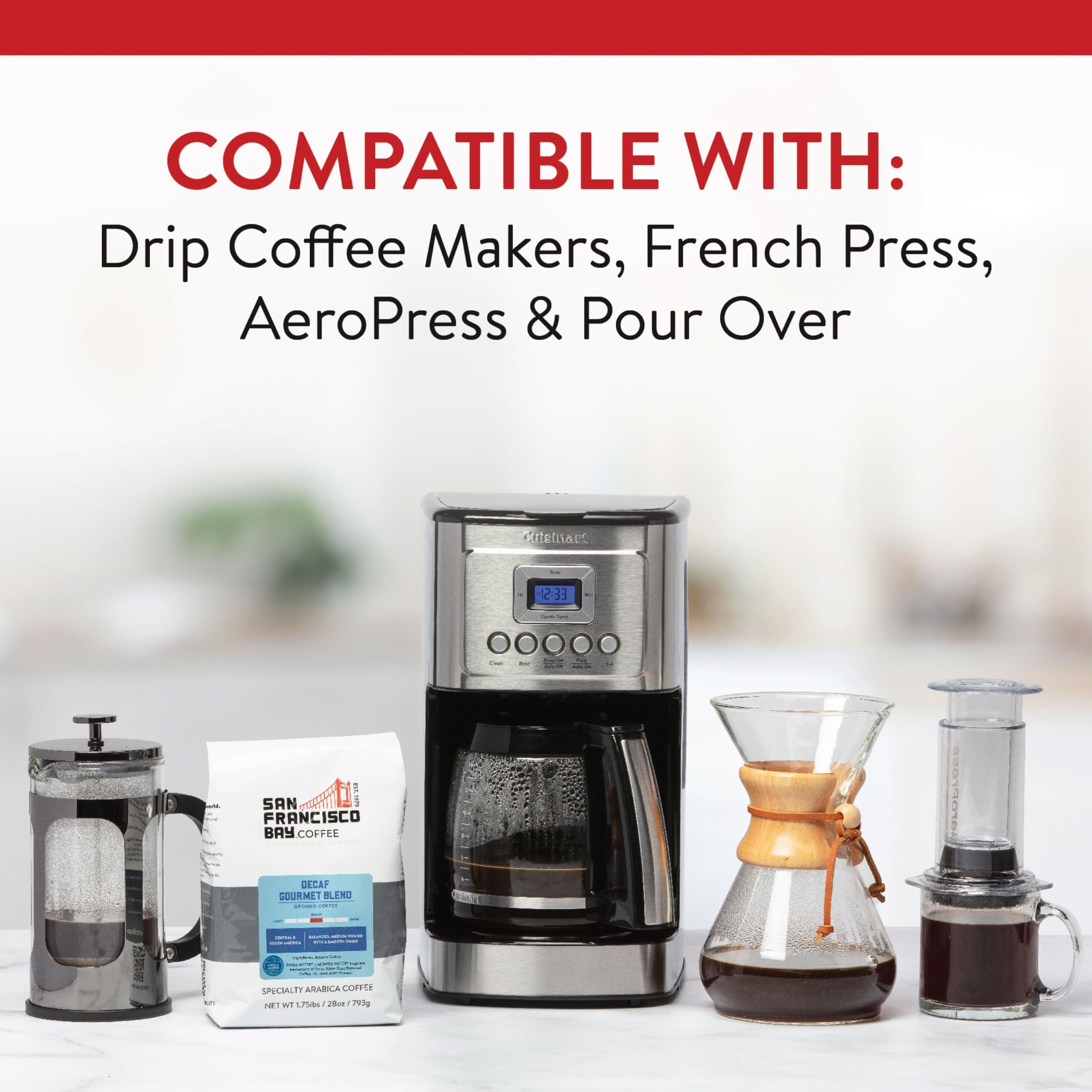 Swiss Water decaf badge on the label indicates chemical-free decaffeination for clean taste