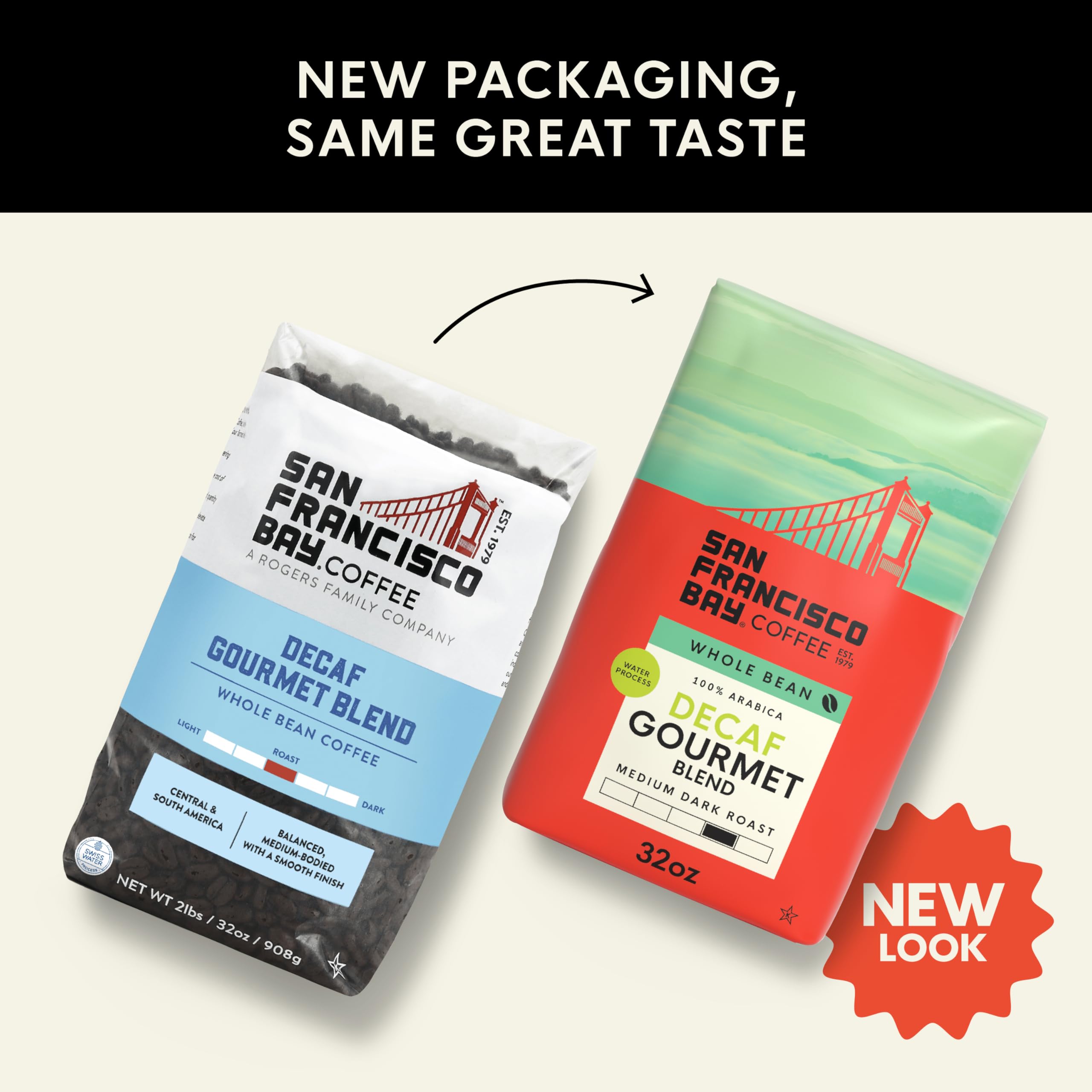 San Francisco Bay decaf label and packaging, eco-friendly choice for everyday coffee.