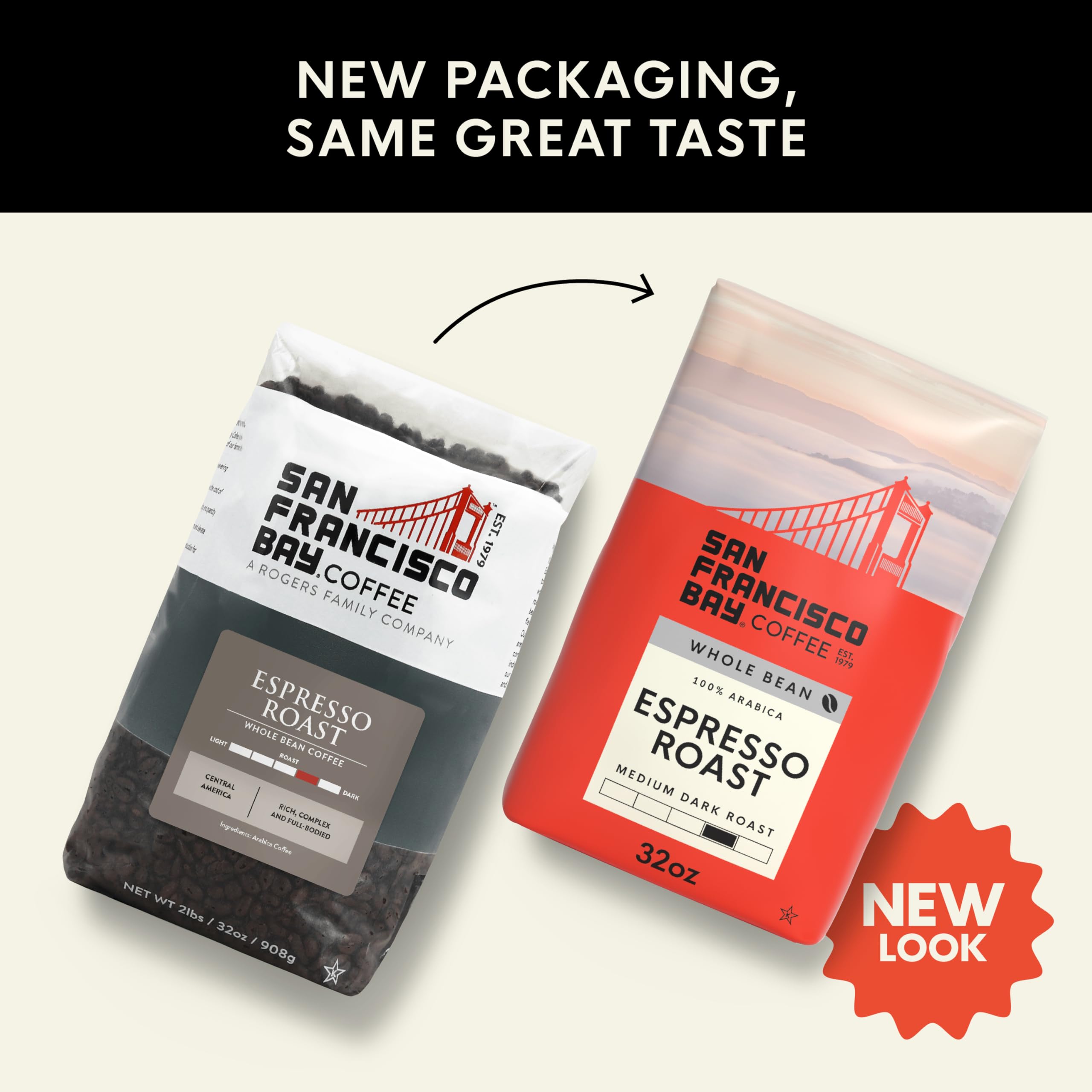 San Francisco Bay Espresso Roast packaging highlights sustainable sourcing.