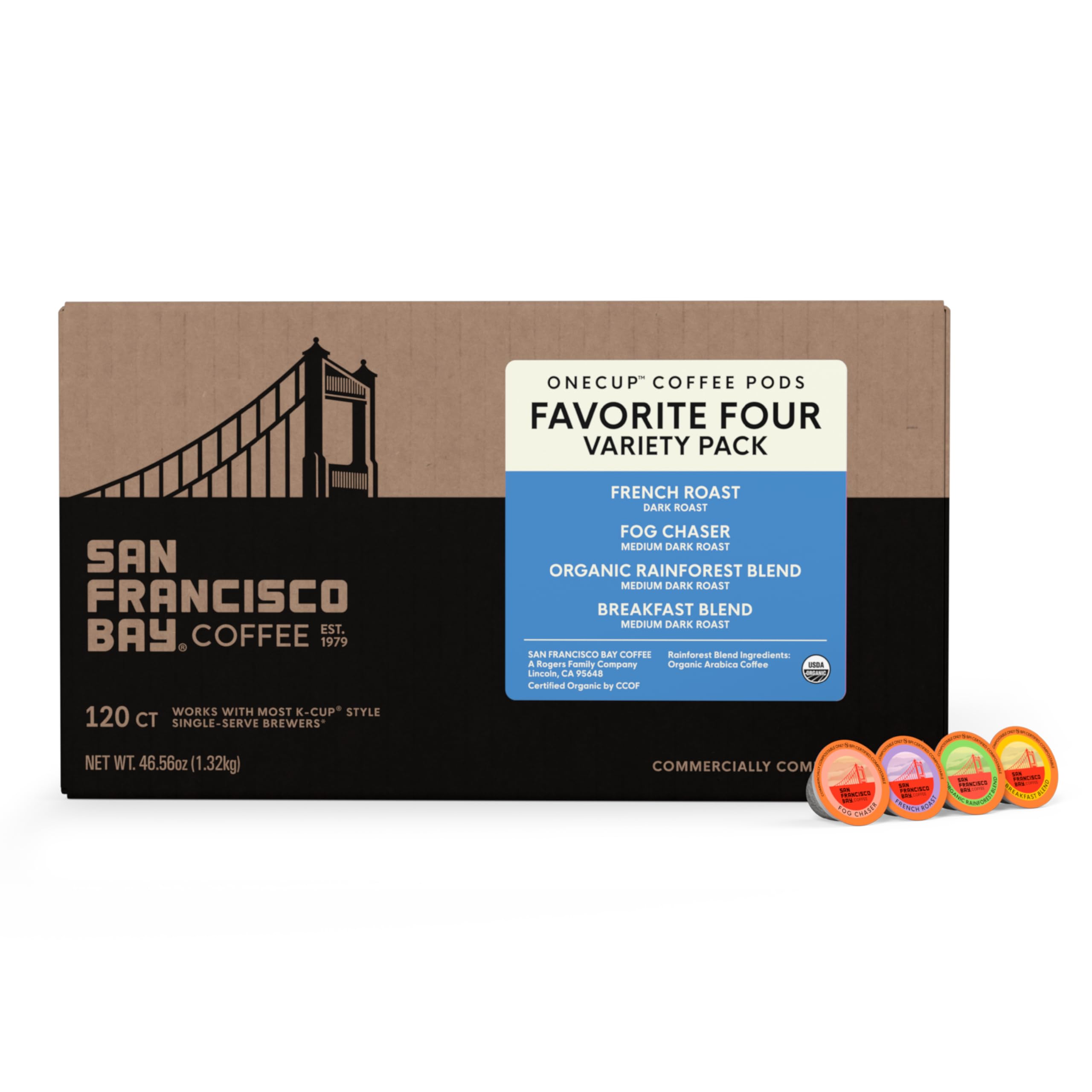 San Francisco Bay Favorite Four Organic Rainforest pods highlight sustainable sourcing and brightness.