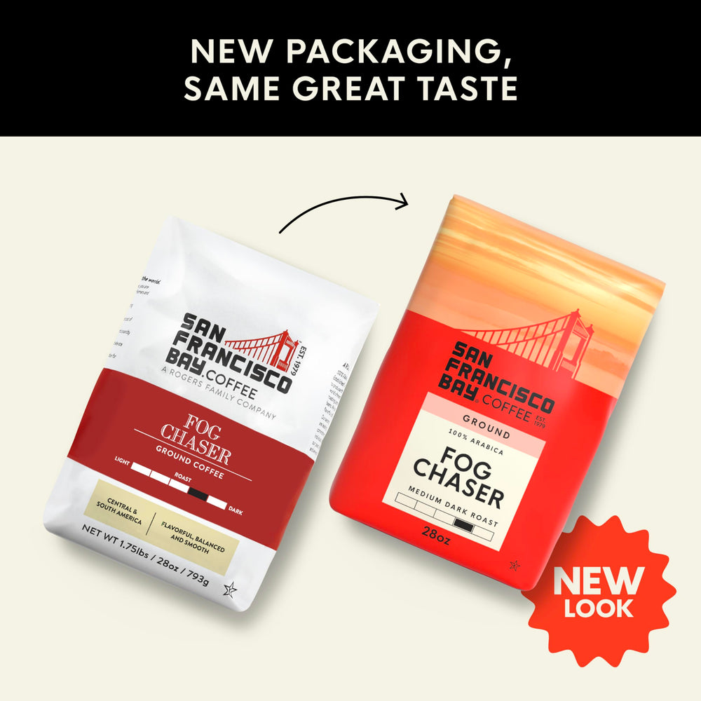 San Francisco Bay Fog Chaser coffee beans highlight quality 100 percent Arabica.