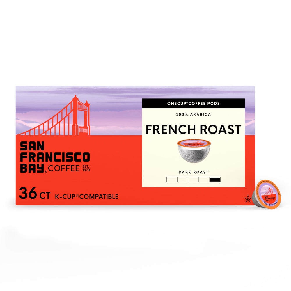 San Francisco Bay French Roast K-Cup pods on a counter for a bold morning cup.