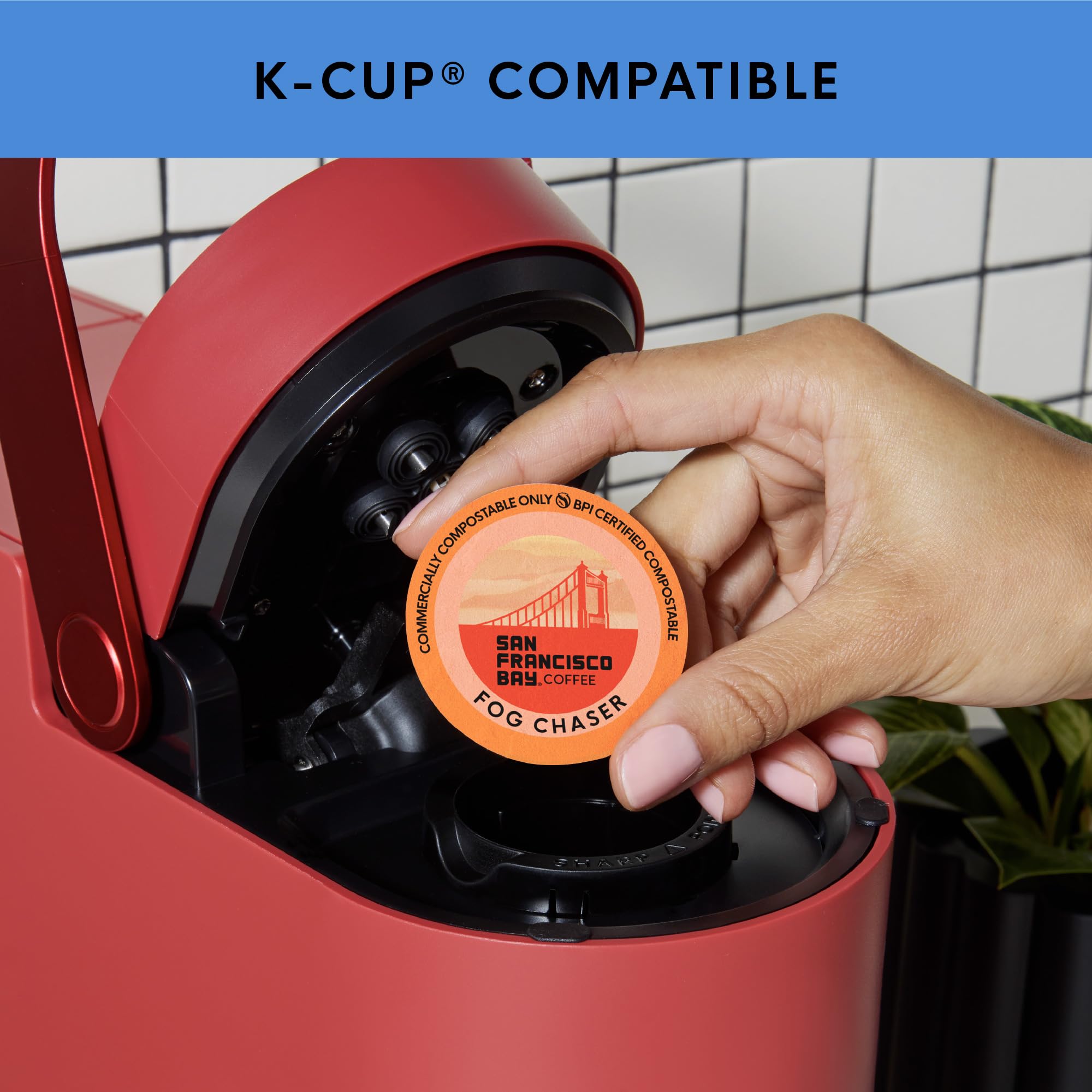San Francisco Bay OneCup packaging close-up shows plant-based, compostable design.