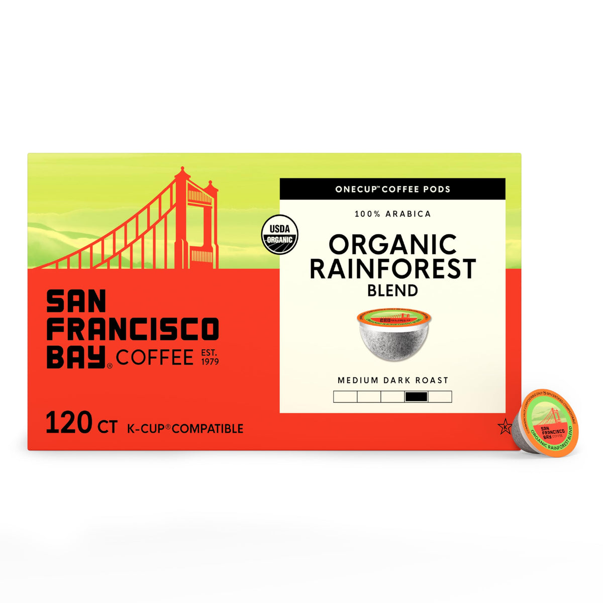 San Francisco Bay Rainforest Blend pods in packaging showing sustainable single-serve convenience.