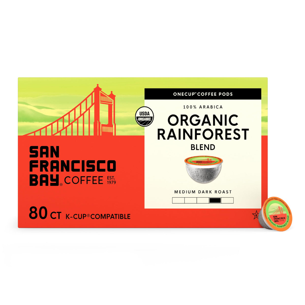 San Francisco Bay Rainforest Blend pods for quick single-serve brewing.