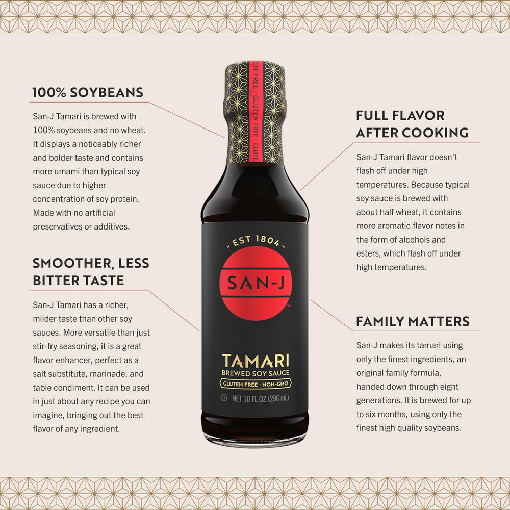 San-J tamari stir-fry pan adds bold umami to meals.