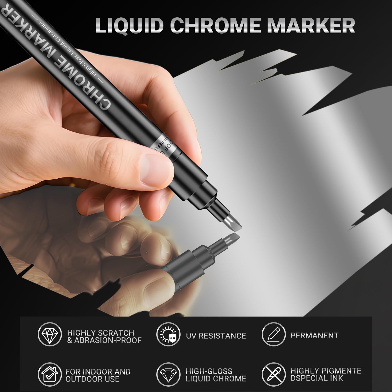 San Jeirie marker repairs scratches on metal with a high-gloss chrome look.