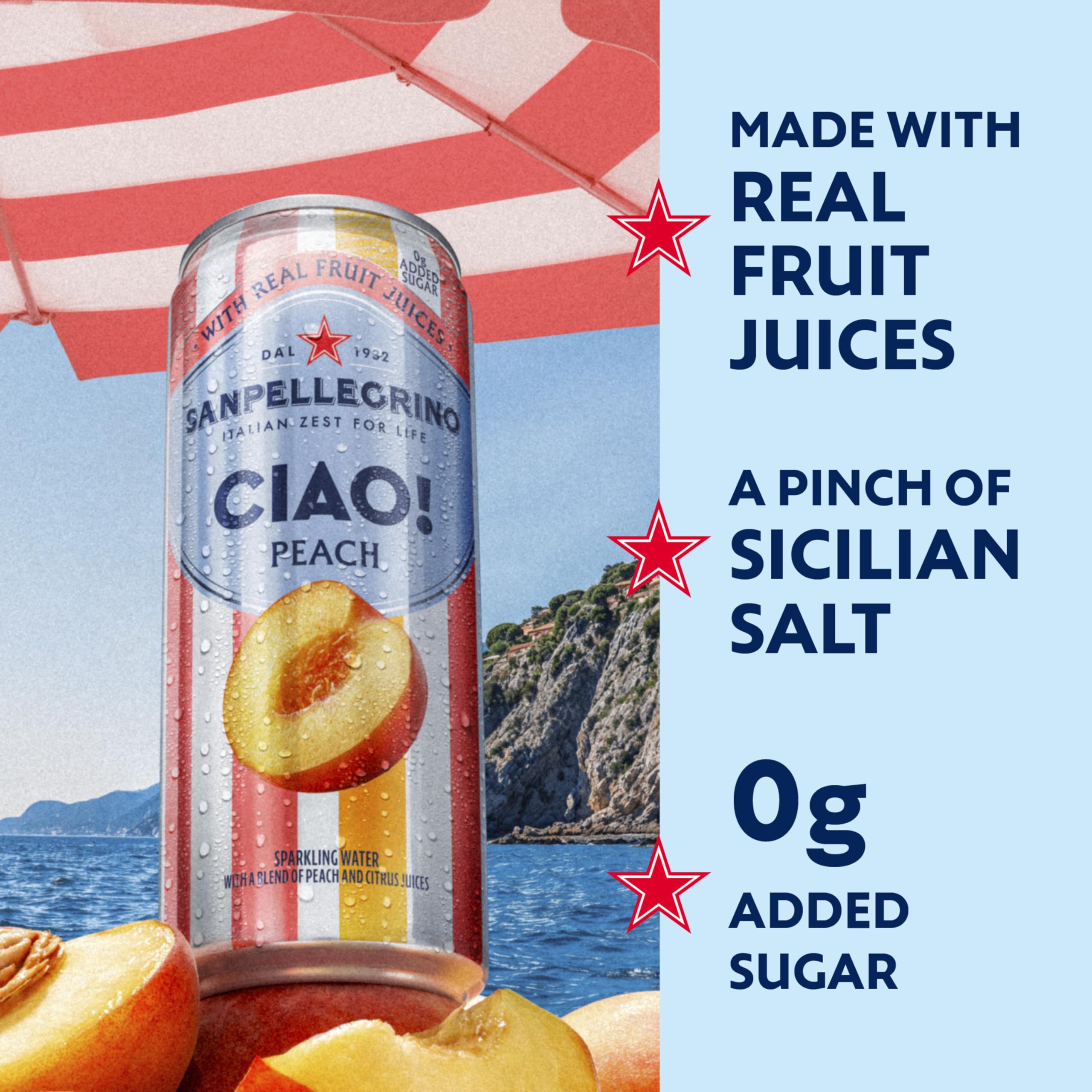 San Pellegrino CIAO peach—ingredients and real fruit juices in view.