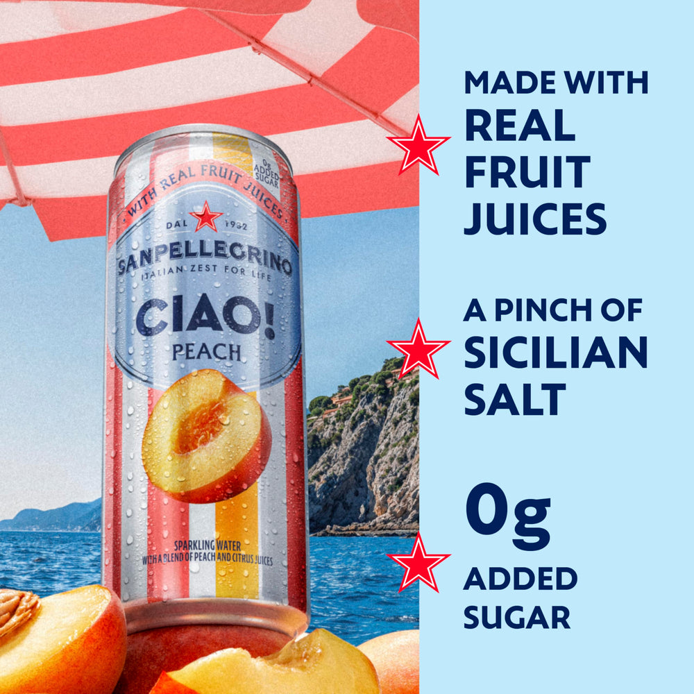 San Pellegrino CIAO peach—ingredients and real fruit juices in view.