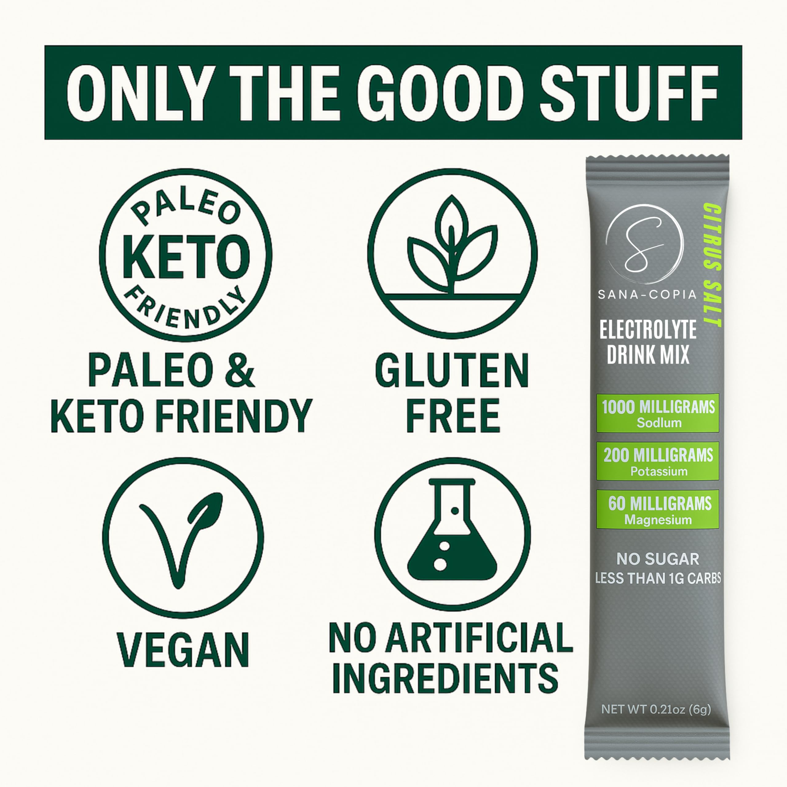 SANA-COPIA label on lemon-lime electrolyte packets highlights zero sugar.