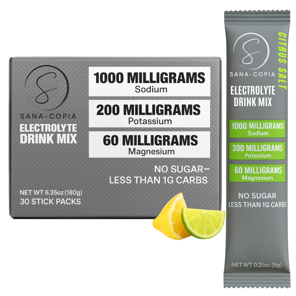 SANA-COPIA electrolyte lemon-lime packets close-up for sugar-free hydration on the go.