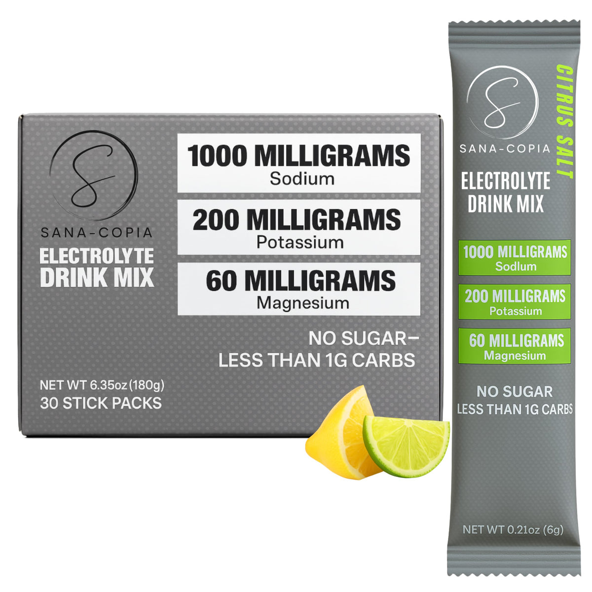 SANA-COPIA electrolyte lemon-lime packets close-up for sugar-free hydration on the go.