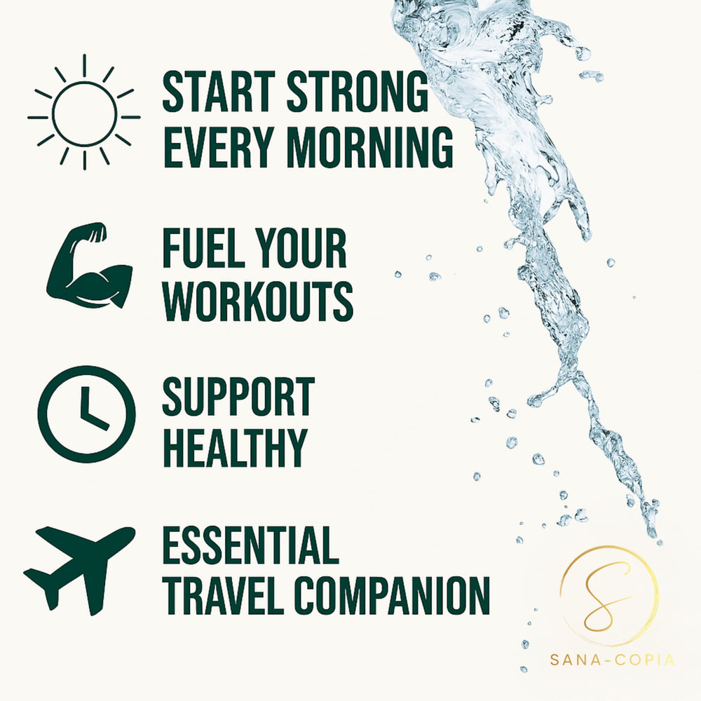 SANA-COPIA electrolyte lemon-lime powder dissolving in water for fast refreshment.
