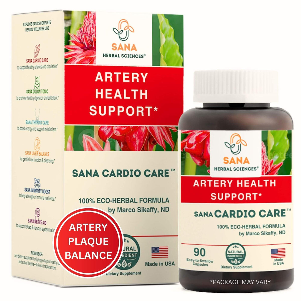 Sana Herbal Sciences Artery Plaque Removal Formula bottle front close-up for daily support