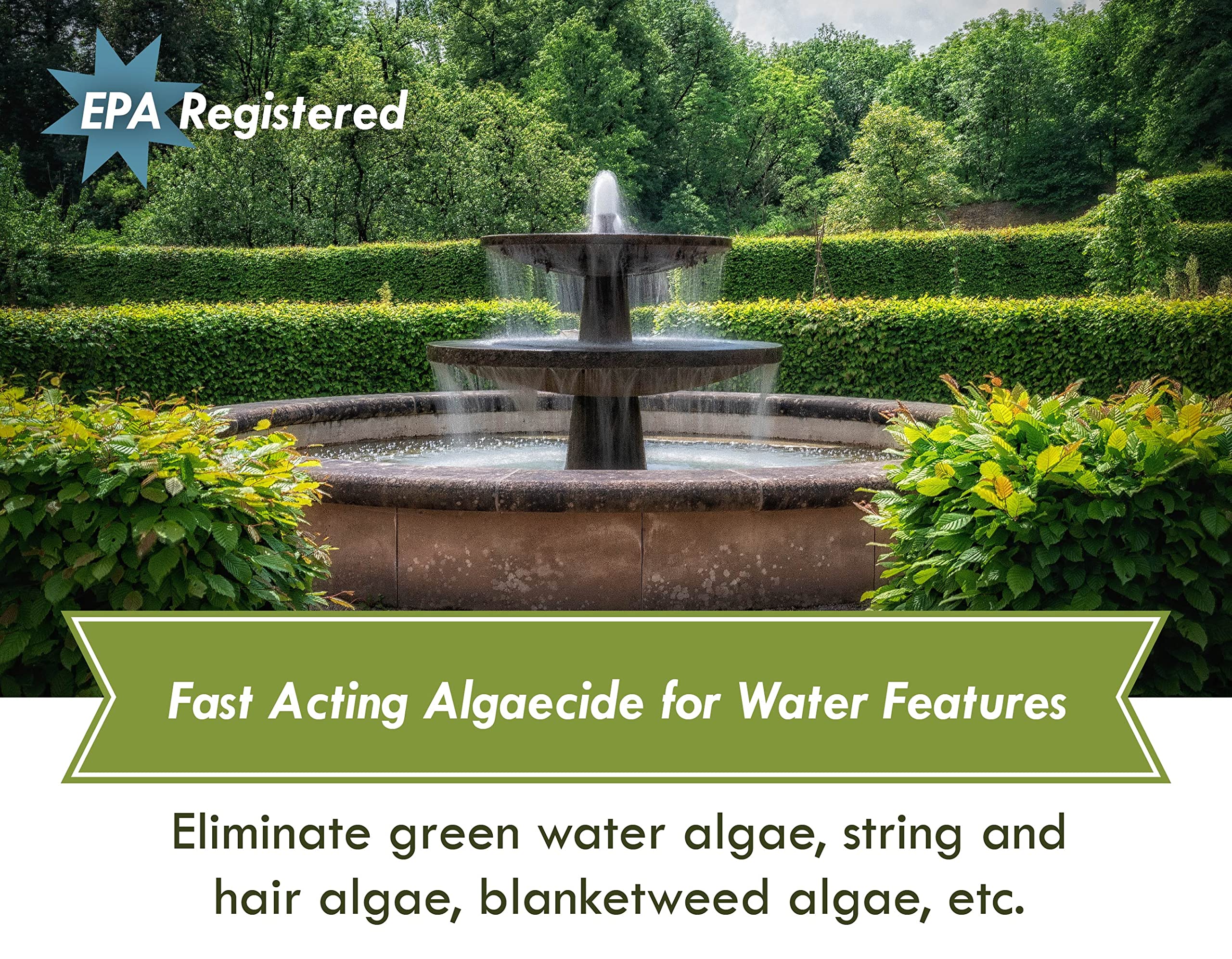 Sanco Fountain Algaecide green-water removal improves pond clarity.