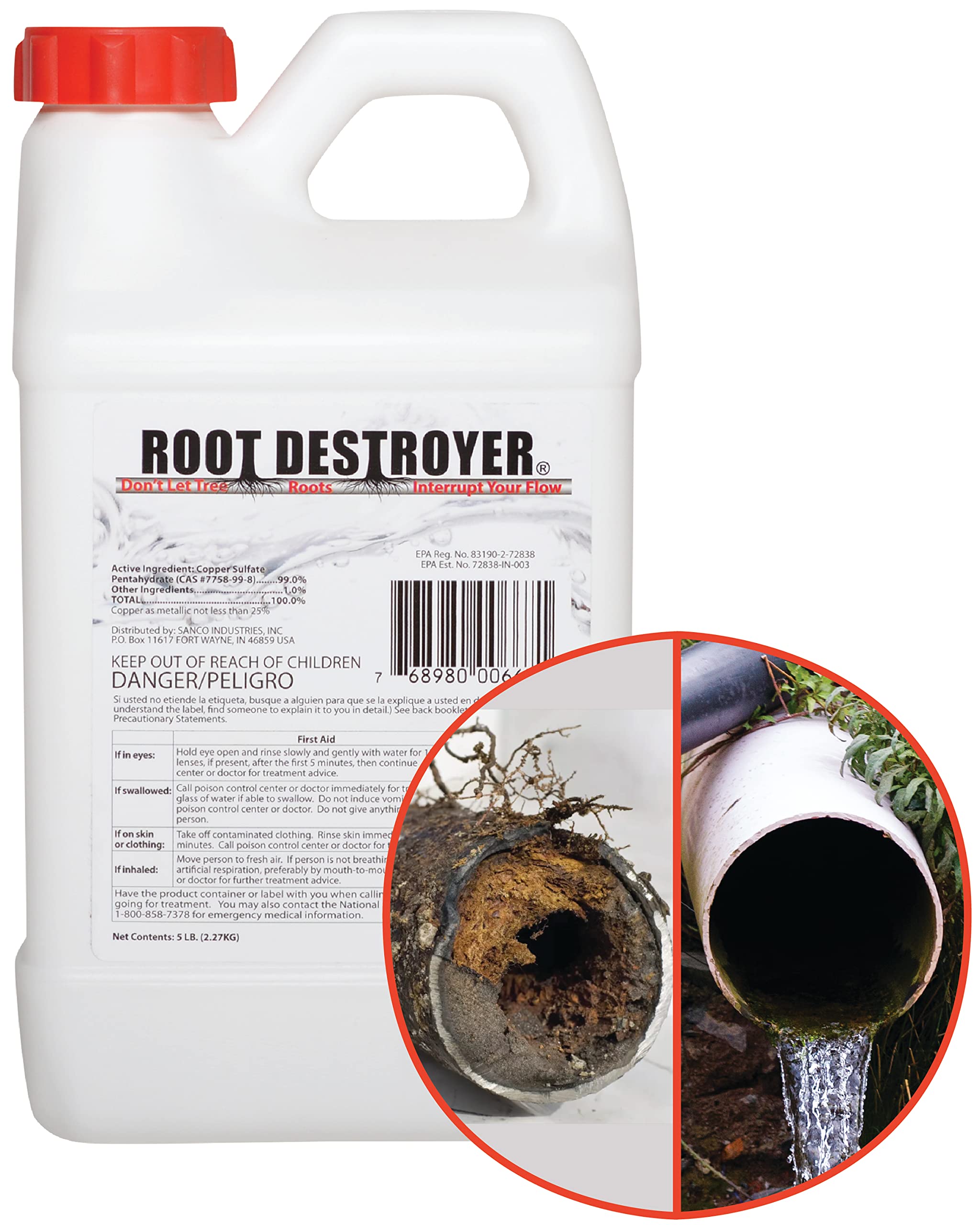 Sanco Root Destroyer 5lbs bottle with crystals for root control in septic systems.