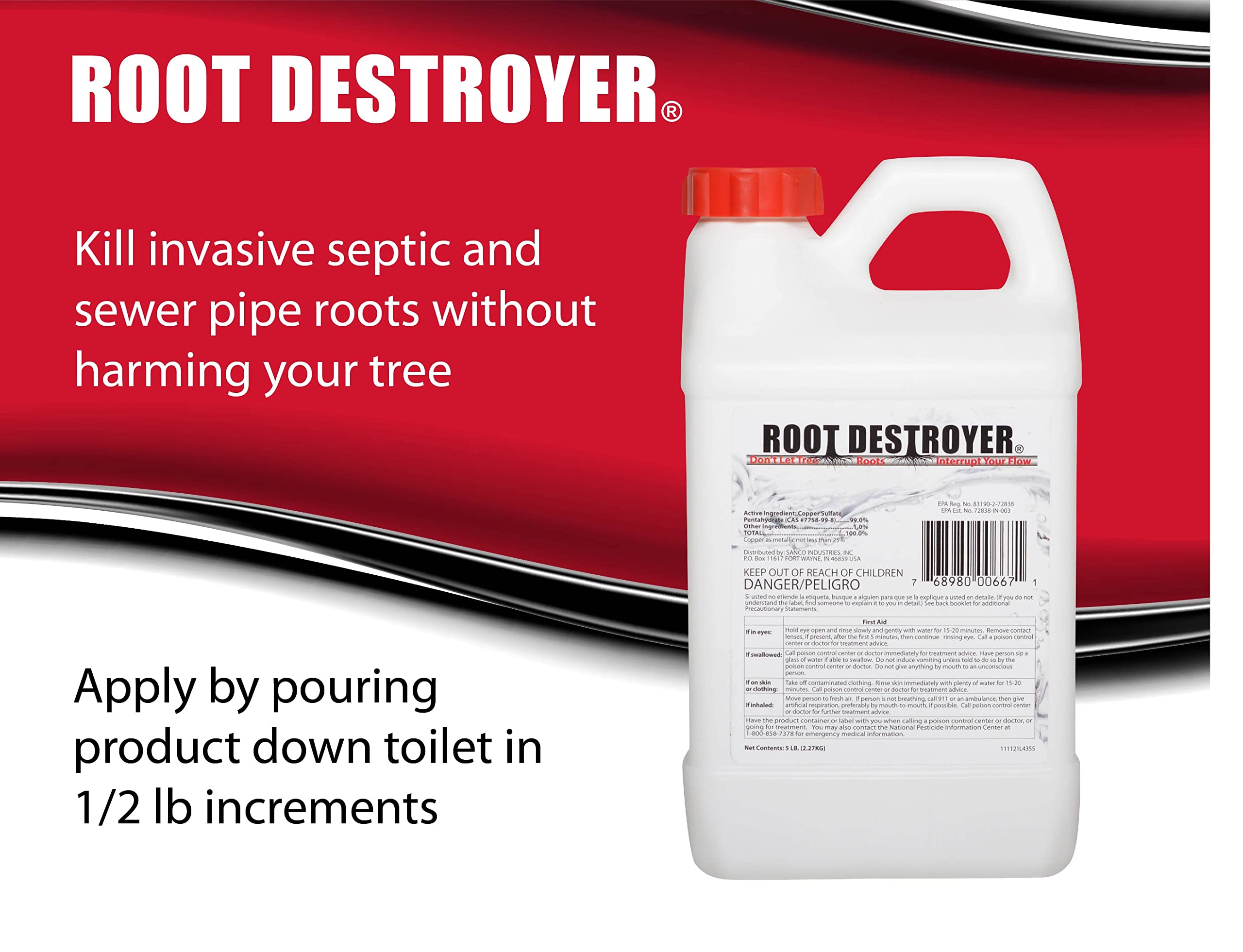 Sanco Root Destroyer dosing in a septic tank using 1/2 lb increments.