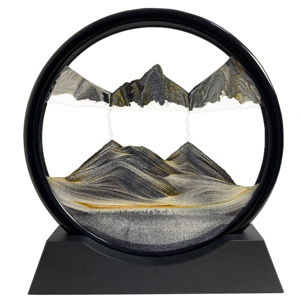 SANDCLE moving sand art in a 7-inch round glass frame, soothing desk decor.