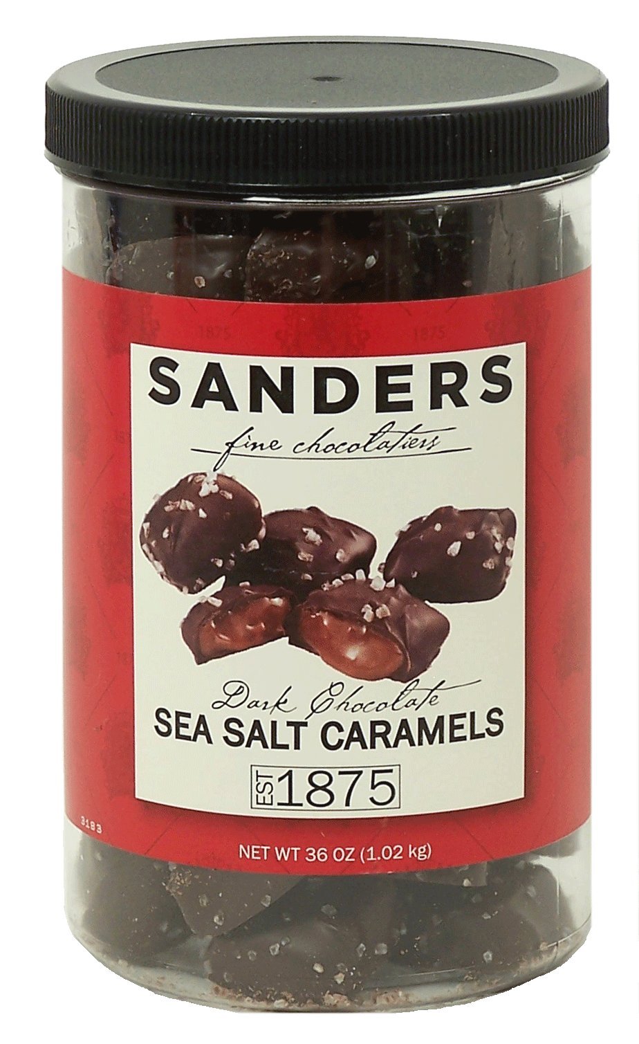 Sanders Dark Chocolate Sea Salt Caramels in 36 oz, rich caramel wrapped in dark chocolate, ideal for gifting.